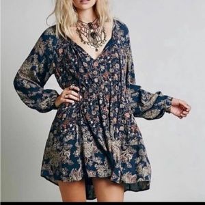 NWT Free People Lucky Loosey Floral Print Swing Dress in Indigo Combo